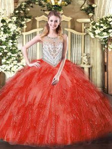  Scoop Sleeveless Ball Gown Prom Dress Floor Length Beading and Ruffles Coral Red Tulle