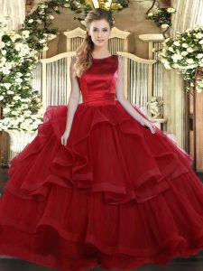 Suitable Floor Length Lace Up Quinceanera Dresses Wine Red for Military Ball and Sweet 16 and Quinceanera with Ruffled Layers