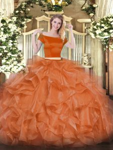  Orange Red Off The Shoulder Neckline Appliques and Ruffles Quinceanera Gown Short Sleeves Zipper