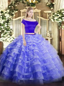 Spectacular Blue Zipper Off The Shoulder Appliques and Ruffled Layers Sweet 16 Dress Tulle Short Sleeves