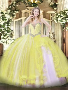 Designer Beading and Ruffles Quinceanera Gowns Yellow Lace Up Sleeveless Floor Length