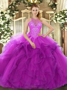  Fuchsia Ball Gowns Beading and Ruffles Ball Gown Prom Dress Lace Up Organza Sleeveless Floor Length