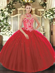 Dynamic Red Halter Top Neckline Embroidery Quinceanera Gown Sleeveless Lace Up