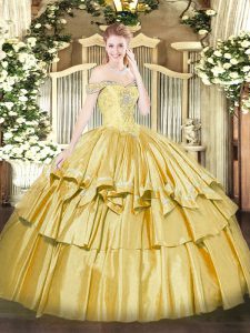  Organza and Taffeta Off The Shoulder Sleeveless Lace Up Beading and Ruffled Layers Sweet 16 Dresses in Gold