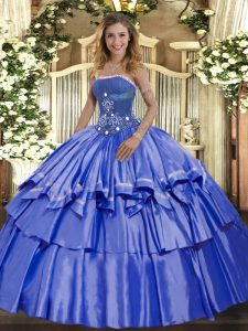  Blue Sleeveless Floor Length Beading and Ruffled Layers Lace Up Quinceanera Gown