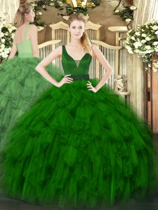  Dark Green 15th Birthday Dress Military Ball and Sweet 16 and Quinceanera with Beading and Ruffles Straps Sleeveless Zipper