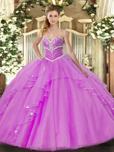  Lilac Ball Gowns Beading and Ruffles Sweet 16 Dresses Lace Up Tulle Sleeveless Floor Length