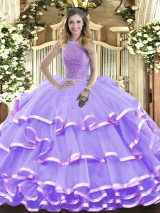Great Lavender Sweet 16 Dress Military Ball and Sweet 16 and Quinceanera with Beading and Ruffled Layers High-neck Sleeveless Lace Up