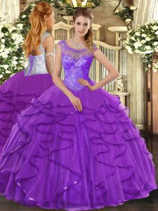 High Class Purple Sleeveless Floor Length Beading and Ruffles Lace Up 15th Birthday Dress