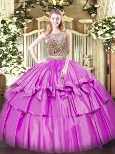  Organza and Taffeta Scoop Sleeveless Lace Up Beading and Ruffled Layers Quinceanera Gown in Lilac