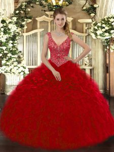 Unique Organza V-neck Sleeveless Zipper Beading and Ruffles Quinceanera Dresses in Wine Red