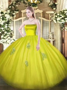 Gorgeous Olive Green Ball Gowns Tulle Strapless Sleeveless Appliques Floor Length Zipper Quinceanera Dress