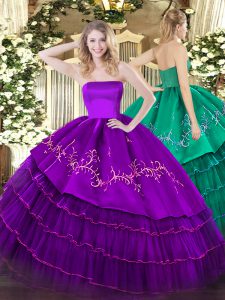  Purple Sleeveless Floor Length Embroidery and Ruffled Layers Zipper Ball Gown Prom Dress