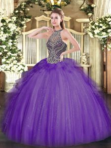  Tulle Sleeveless Floor Length 15th Birthday Dress and Beading