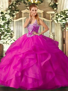 Dramatic Fuchsia Ball Gowns Beading and Ruffles Sweet 16 Dress Lace Up Tulle Sleeveless Floor Length