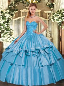 Glamorous Sleeveless Floor Length Beading and Ruffled Layers Lace Up Sweet 16 Quinceanera Dress with Baby Blue