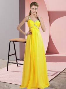 Beauteous Yellow One Shoulder Lace Up Beading Prom Dress Sleeveless