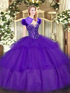  Purple Ball Gowns Sweetheart Sleeveless Tulle Floor Length Lace Up Ruffled Layers Quinceanera Gowns