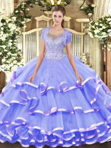 Custom Designed Lavender 15 Quinceanera Dress Military Ball and Sweet 16 and Quinceanera with Beading and Ruffled Layers Scoop Sleeveless Clasp Handle