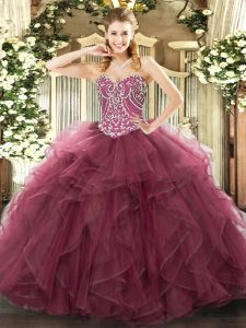 Ideal Burgundy Sleeveless Floor Length Beading and Ruffles Lace Up Ball Gown Prom Dress