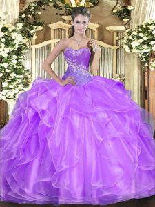 Extravagant Floor Length Lace Up 15th Birthday Dress Lilac for Military Ball and Sweet 16 and Quinceanera with Beading and Ruffles