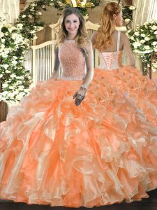 Fantastic Orange Red Sleeveless Organza Lace Up Quinceanera Dresses for Military Ball and Sweet 16 and Quinceanera