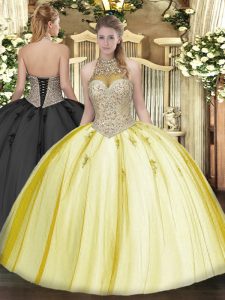  Yellow Sleeveless Beading and Appliques Floor Length Quince Ball Gowns