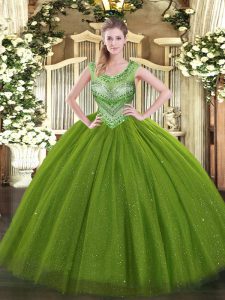  Olive Green Tulle and Sequined Lace Up Sweet 16 Quinceanera Dress Sleeveless Floor Length Beading