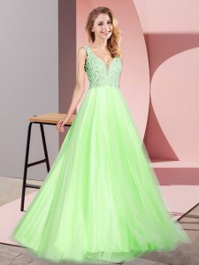  Yellow Green V-neck Neckline Lace Prom Gown Sleeveless Zipper