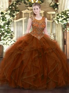 Smart Floor Length Brown Quince Ball Gowns Tulle Sleeveless Beading and Ruffles