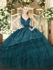 Artistic Teal Ball Gowns Beading and Embroidery and Ruffled Layers Quinceanera Gown Zipper Organza and Taffeta Sleeveless Floor Length