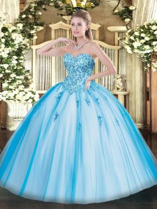 Custom Designed Baby Blue Lace Up Quinceanera Dresses Appliques Sleeveless Floor Length