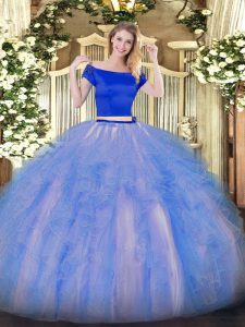 High Class Short Sleeves Floor Length Appliques and Ruffles Zipper Quinceanera Dress with Blue And White
