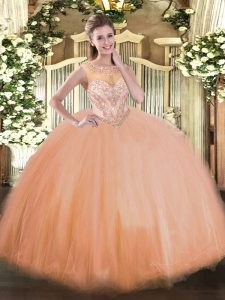 Attractive Peach Scoop Neckline Beading 15 Quinceanera Dress Sleeveless Lace Up
