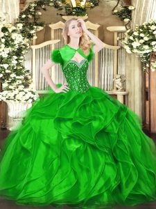  Green Lace Up Sweet 16 Dress Beading and Ruffles Sleeveless Floor Length