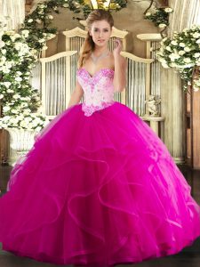 Stunning Sleeveless Tulle Floor Length Lace Up Sweet 16 Dress in Fuchsia with Beading and Ruffles