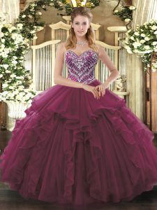  Burgundy Ball Gowns Sweetheart Sleeveless Tulle Floor Length Lace Up Beading and Ruffles Ball Gown Prom Dress