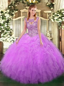  Lilac Lace Up Quinceanera Gown Beading and Ruffles Sleeveless Floor Length