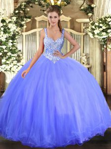 Latest Sleeveless Floor Length Beading Lace Up Sweet 16 Quinceanera Dress with Blue