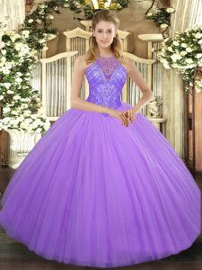 Hot Selling Floor Length Lavender Sweet 16 Dresses Tulle Sleeveless Beading