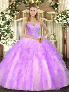 Vintage Lilac V-neck Neckline Beading and Ruffles Sweet 16 Dresses Sleeveless Lace Up