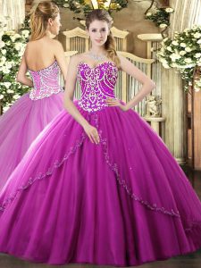Hot Selling Fuchsia Tulle Lace Up Sweetheart Sleeveless 15th Birthday Dress Brush Train Beading