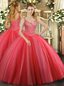 Deluxe Coral Red Tulle Lace Up V-neck Sleeveless Floor Length Sweet 16 Dress Beading