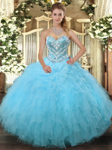 Exquisite Aqua Blue Ball Gowns Sweetheart Sleeveless Tulle Floor Length Lace Up Beading and Ruffles 15th Birthday Dress