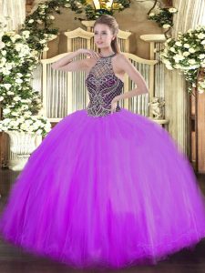 New Arrival Sleeveless Floor Length Beading Lace Up Sweet 16 Dresses with Lilac