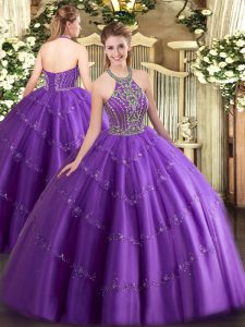 Best Selling Purple Sleeveless Floor Length Beading and Appliques Lace Up 15 Quinceanera Dress