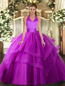  Ball Gowns Sweet 16 Dress Fuchsia Halter Top Tulle Sleeveless Floor Length Lace Up