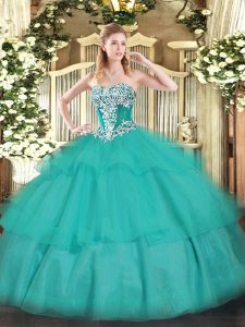 Fancy Floor Length Turquoise Quinceanera Gowns Strapless Sleeveless Lace Up
