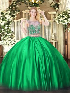 Deluxe Green Two Pieces Satin Scoop Sleeveless Beading Floor Length Lace Up Sweet 16 Dresses