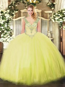  Floor Length Yellow Green Sweet 16 Dress V-neck Sleeveless Lace Up